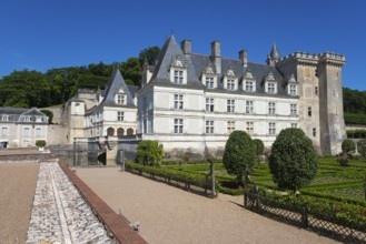 Historic stone castle with manicured green garden on a sunny day, Villandry Castle, Renaissance,