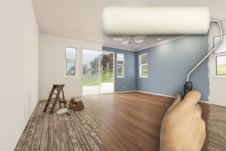 Before and after of man using A paint roller to reveal newly remodeled room with fresh green paint,