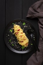 Traditional Italian dish, spaghetti carbonara, homemade, no people, top view