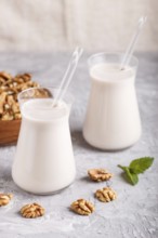 Organic non dairy walnut milk in glass and wooden plate with walnuts on a gray concrete background.