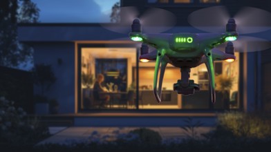 A UAV unmanned aircraft drone flying just outside the window of A house, AI generated