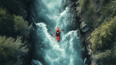 Aerial view of A kayaker paddling the rapids of a beautiful mountain river. generative AI, AI