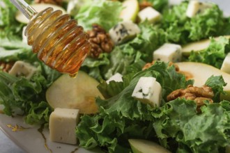 Keto Salad, pear with blue cheese and walnut, selective focus, no people, close-up