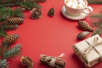 Christmas or New Year frame composition. Decorations, box, cinnamon, cones, fir and spruce