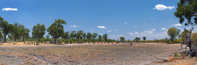 Dried out riverbed and landscape, drought, heat, dryness, climate change, global warming, panorama,