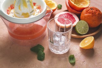 Citrus juicer, sliced fruit, glass with ice, close-up, no people, breakfast