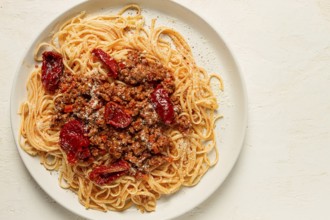 Spaghetti bolognese, with dried tomatoes, homemade, close-up