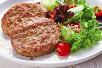 Fried cutlets, turkey, with vegetable salad, top view, no people