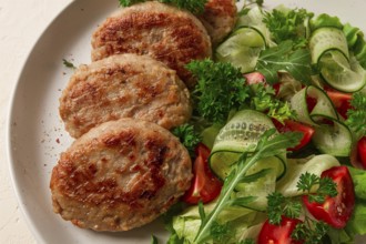 Fried cutlets, turkey, with vegetable salad, top view, no people