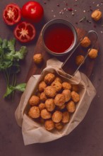 Chicken popcorn, deep fried, nuggets, close-up, rustic, no people