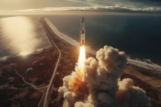 Aerial view of a rocket launch at sunrise sunset over an ocean coast. The rocket is blasting off