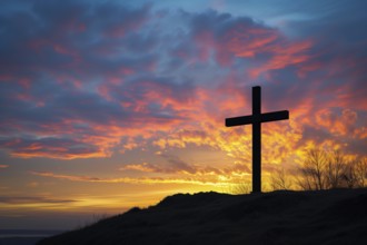 Easter concept cross on Golgotha Calvary hill against a dramatic sunset, AI generated