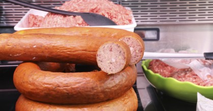 Sausage counter in a butcher's shop