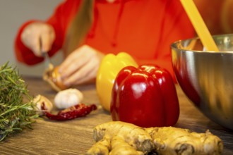 Vegan cooking: Close-up of peppers and ginger