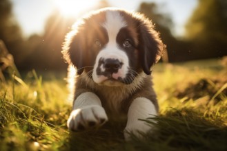 A curious cute Saint Bernard puppy with expressive eyes and floppy ears, exploring the outdoors on