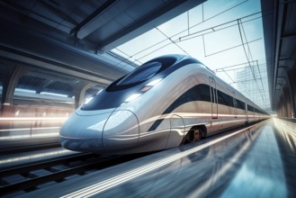 Modern high speed train in a futuristic train station. Modern transportation technology, speed,