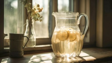 Tranquil country kitchen counter with a pitcher of fresh lemonade, generative AI, AI generated