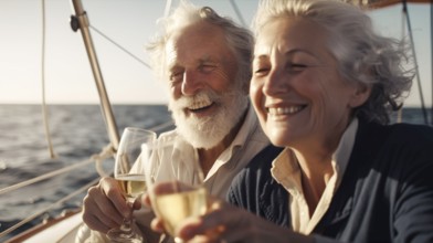 Senior caucasian couple enjoying drinks on the deck of their yacht in the ocean, generatvie AI, AI