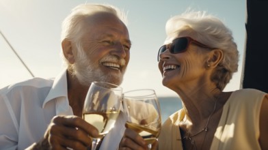 Senior caucasian couple enjoying drinks on the deck of their yacht in the ocean, generatvie AI, AI