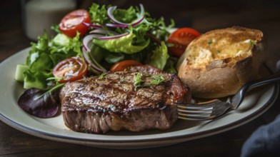 Fresh succulent top sirloin steak with sauteed vegetables on the flame grill, generative AI.-