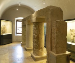 Inscribed cyndrical stone columns, Mayan archaeological museum, Fort San Jose, Campeche, Mexico,