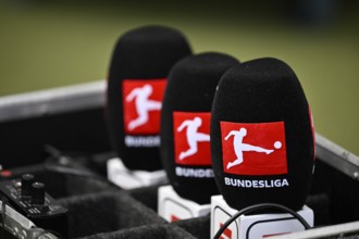 Microphones, microphones, charging station, being charged, Logo Bundesliga, PreZero Arena,