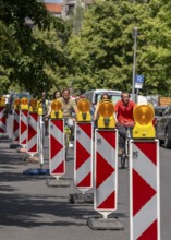 Warning beacons at a road construction site, Berlin, Germany, Europe