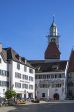 The Hofstatt, central market square with the cathedral tower in the old town centre of Überlingen