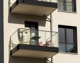 Sculpture on the balcony of a new building in Berlin-Mitte, Berlin, Germany, Europe