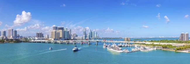 USA, scenic Miami harbor panoramic skyline close to Miami port and Biscayne bay, North America