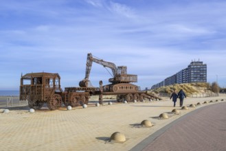 Caterpillar + Flatbed Trailer, artwork by Belgian neo-conceptual artist Wim Delvoye at seaside