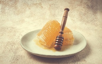 Honeycomb, with a wooden spoon-spindle, on a plate, no people