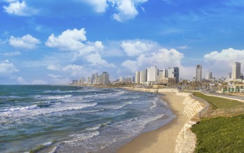 Scenic Israel Tel Aviv coastline seashore promenade with hotels and beaches near Old Jaffa port