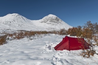 Tent in mountain landscape, Sarek National Park, Laponia World Heritage Site, Norrbotten, Lapland,