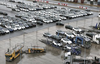 Tesla Y new cars are loaded onto car transporters at the Tesla Giga Factory, Grünheide, 25.09.2024