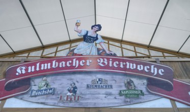 Welcome sign at the beer tent during the Kulmbach Beer Week, Kulmbach, Upper Franconia, Bavaria,