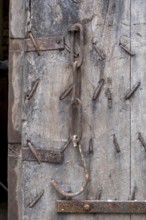 Old wooden door with iron fittings, North Rhine-Westphalia, Germany, Europe