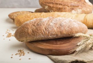 Different kinds of fresh baked bread on a white wooden background. side view, close up, selective