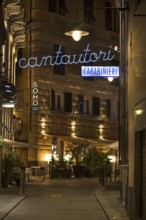 Night-time alley with the police station in the historic centre, Genoa, Italy, Europe