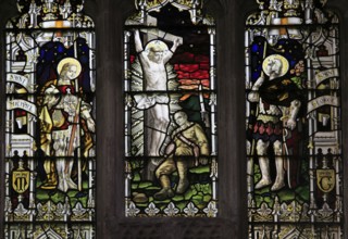 First world war memorial stained glass window, Church of Saint Mary, Mendlesham, Suffolk, England,