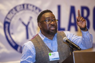 Chicago, Illinois, Brahim Kone of Service Employees Local 26 speaks at the 2024 Labor Notes