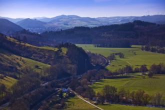 View from the Calvary into the Lower Diemel Valley, Marsberg, Sauerland, North Rhine-Westphalia,