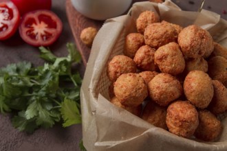 Chicken popcorn, deep fried, nuggets, close-up, rustic, no people