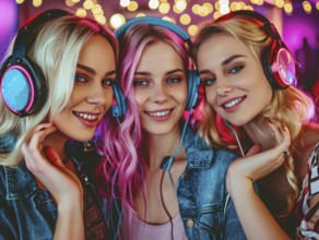 Sexy young ladies listening to modern hip hop and rap music in colorful headphones at party, AI