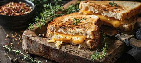 Breakfast with fresh grilled cheese vegetarian sandwich with melted cheddar cheese and vegetables,