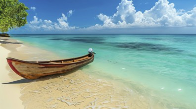 Wooden canoe at the scenic beach in Asian resort island near popular tourist destination hotel, AI