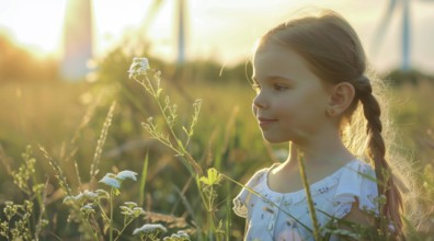 A girl stands in a field of flowers next to a wind farm that produces green sustainable energy, AI