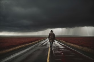 A man is walking down a road in the rain. The sky is dark and cloudy, and the man is wearing a red