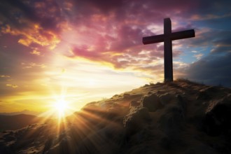 Easter concept cross on Golgotha Calvary hill against a dramatic sunset, AI generated