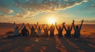 Kneeling people praying to god and Jesus in the desert. Scenic dramatic sunset, AI generated